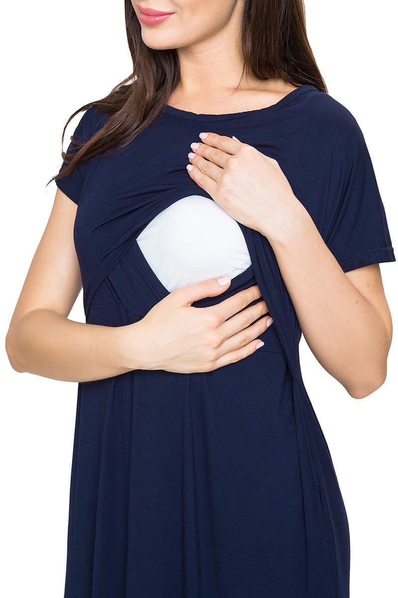 Smallshow Women's Maternity Nursing Dresses Split Long Dress for Breastfeeding Large Dark Blue - Image 3